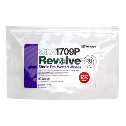Texwipe STX1709P Sterile Revolve 9" x 9" Upcycled Polyester Cleanroom Wiper Pre-Wetted 70% IPA Bag (Front)