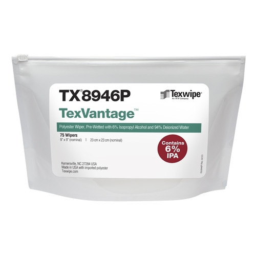 Texwipe TX8946P TexVantage 9" x 9" Polyester Cleanroom Wiper Pre-Wetted 6% IPA Bag (Front)