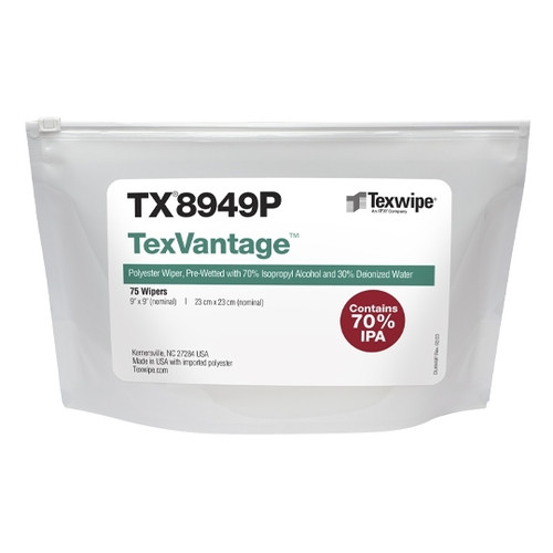 Texwipe TX8949P TexVantage 9" x 9" Polyester Cleanroom Wiper Pre-Wetted 70% IPA Bag (Front)