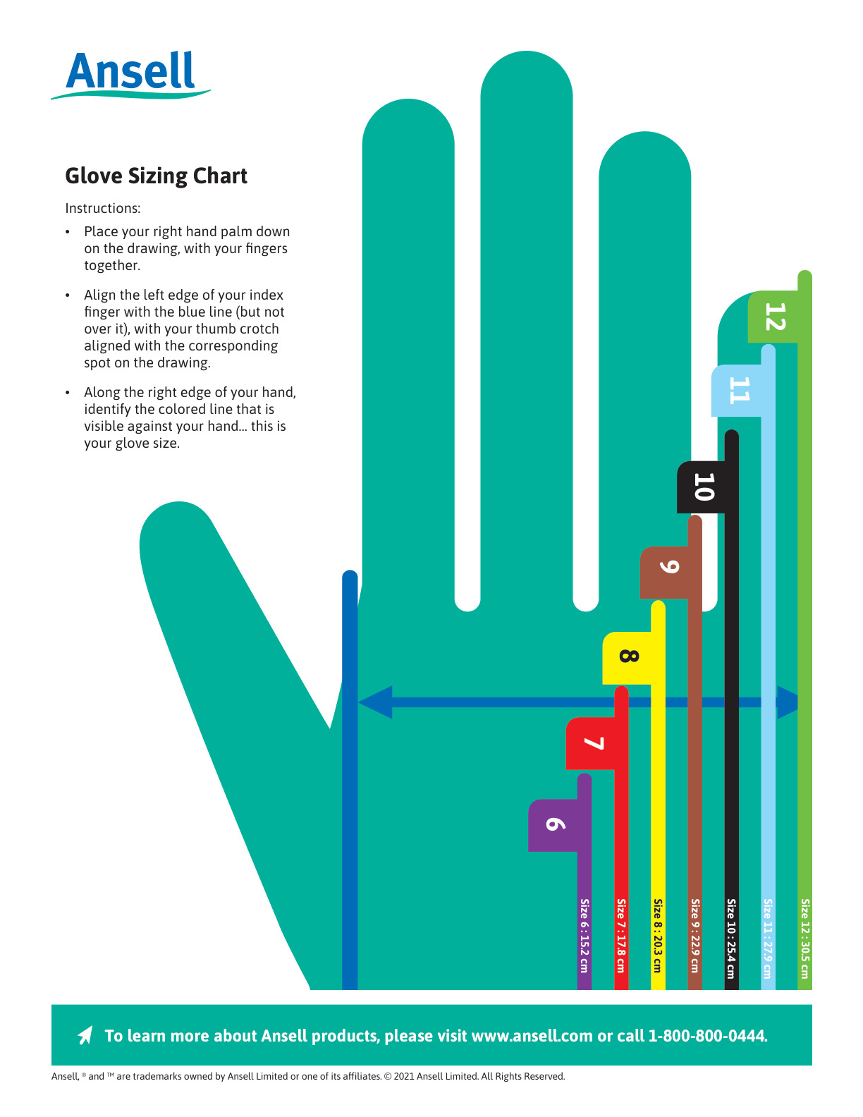 Ansell glove sizing chart showing hand measurement guide for glove sizes 6 through 12