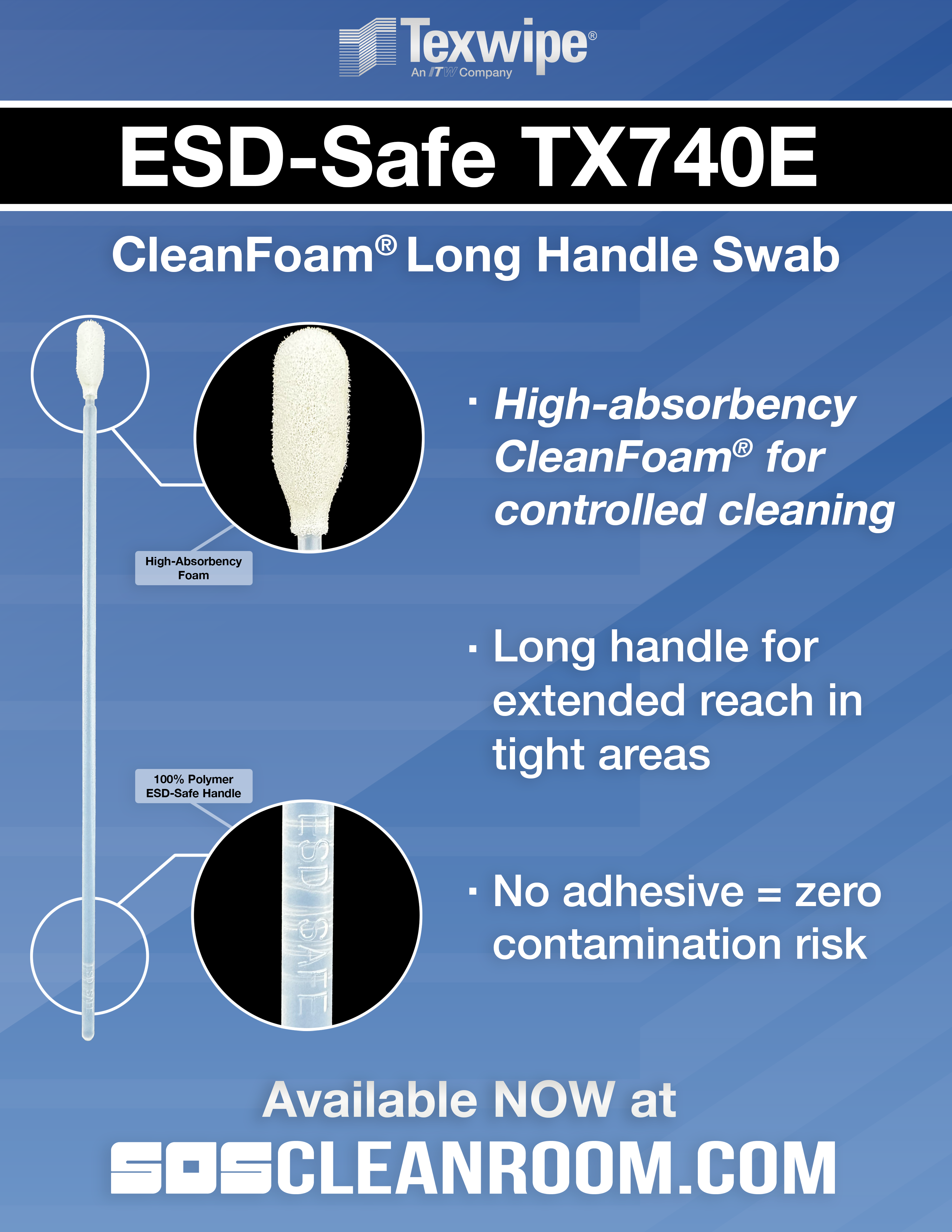Texwipe TX740E ESD-Safe Medium CleanFoam Swab with Long Handle