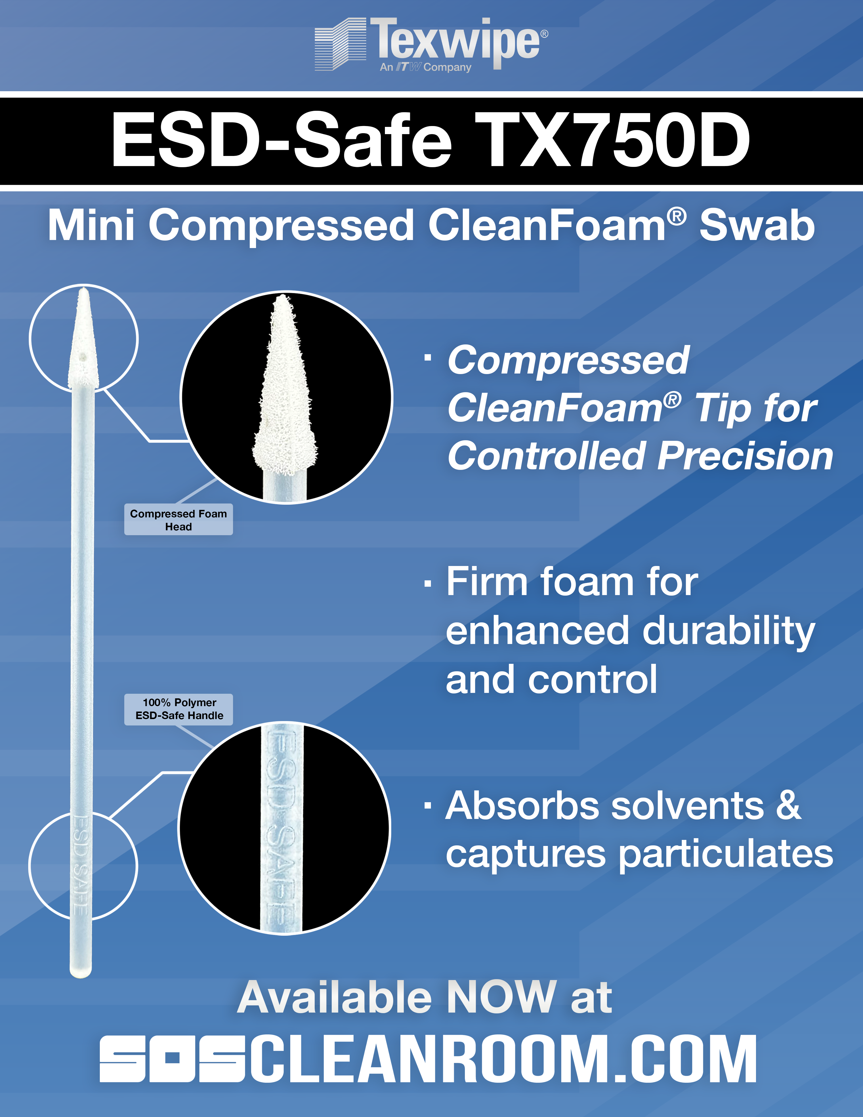 Texwipe TX750D ESD-Safe Mini Compressed CleanFoam Swab