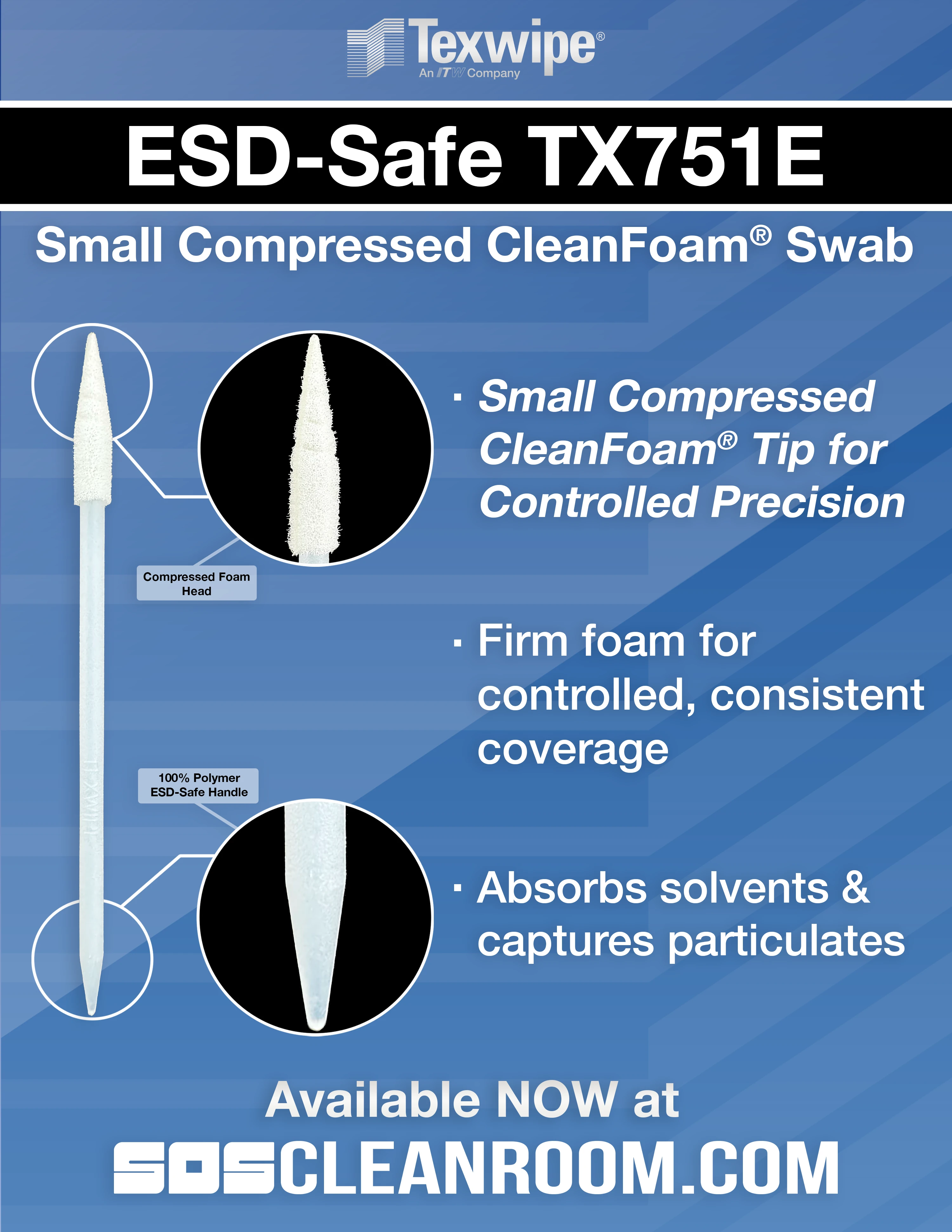 Texwipe TX751E ESD-Safe Small Compressed CleanFoam Swab