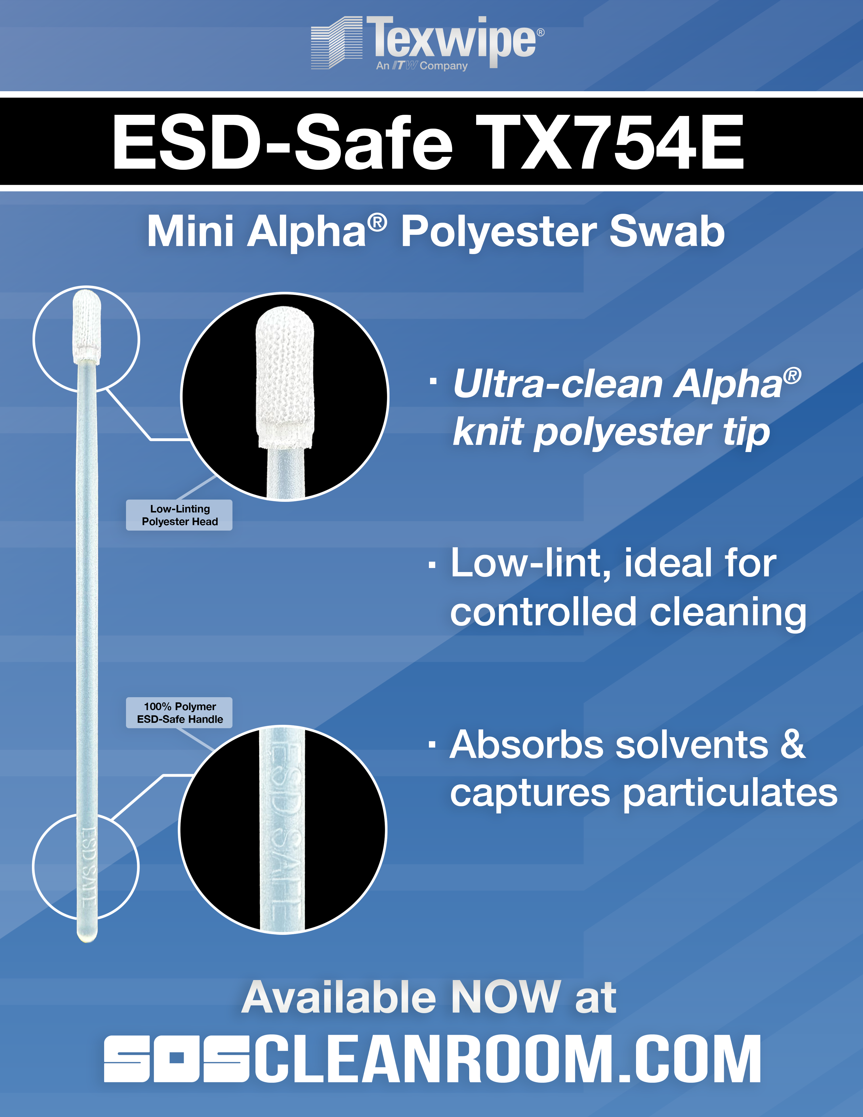 Texwipe TX754E ESD-Safe Mini Alpha Polyester Cleanroom Swab