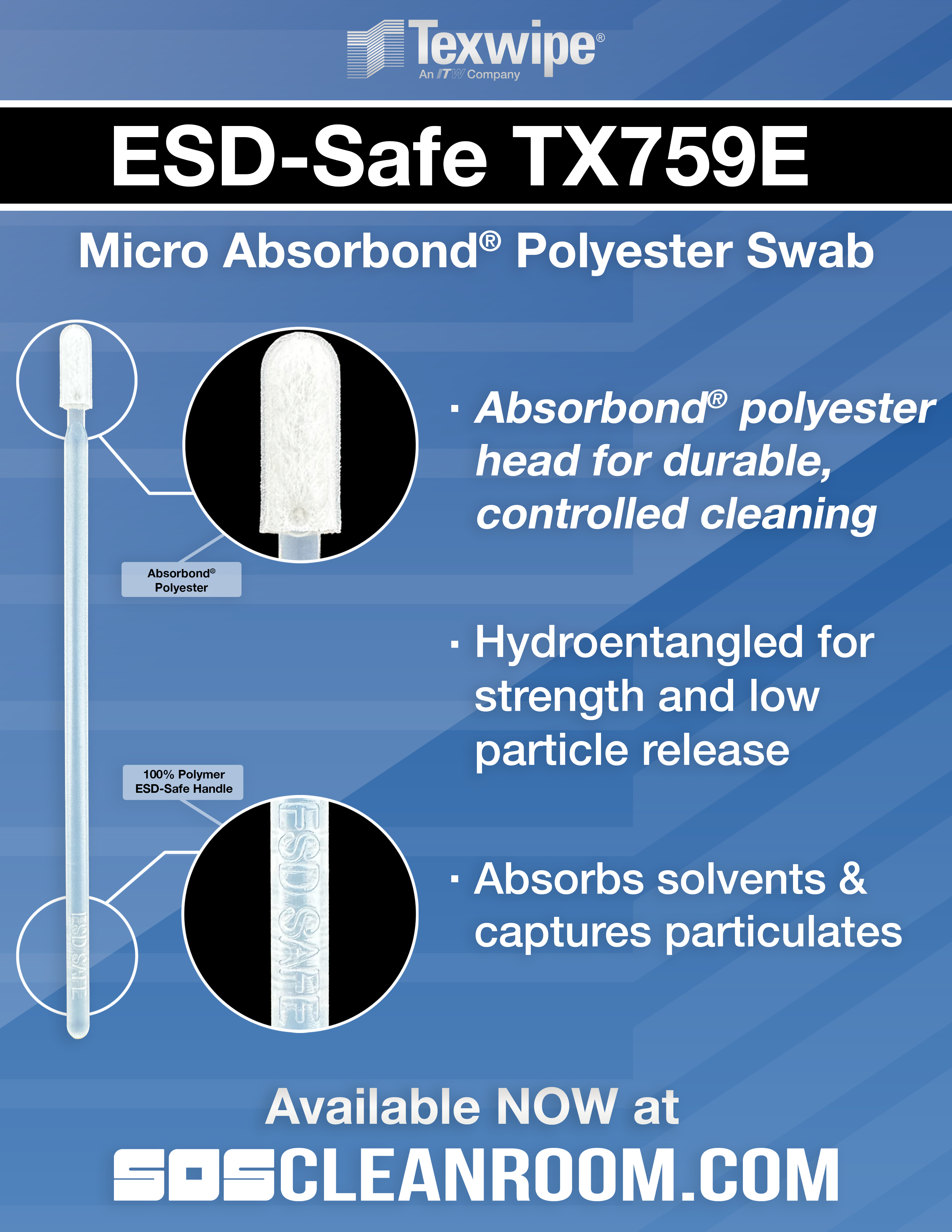 Texwipe TX759E ESD-Safe Micro Absorbond Cleanroom Swab