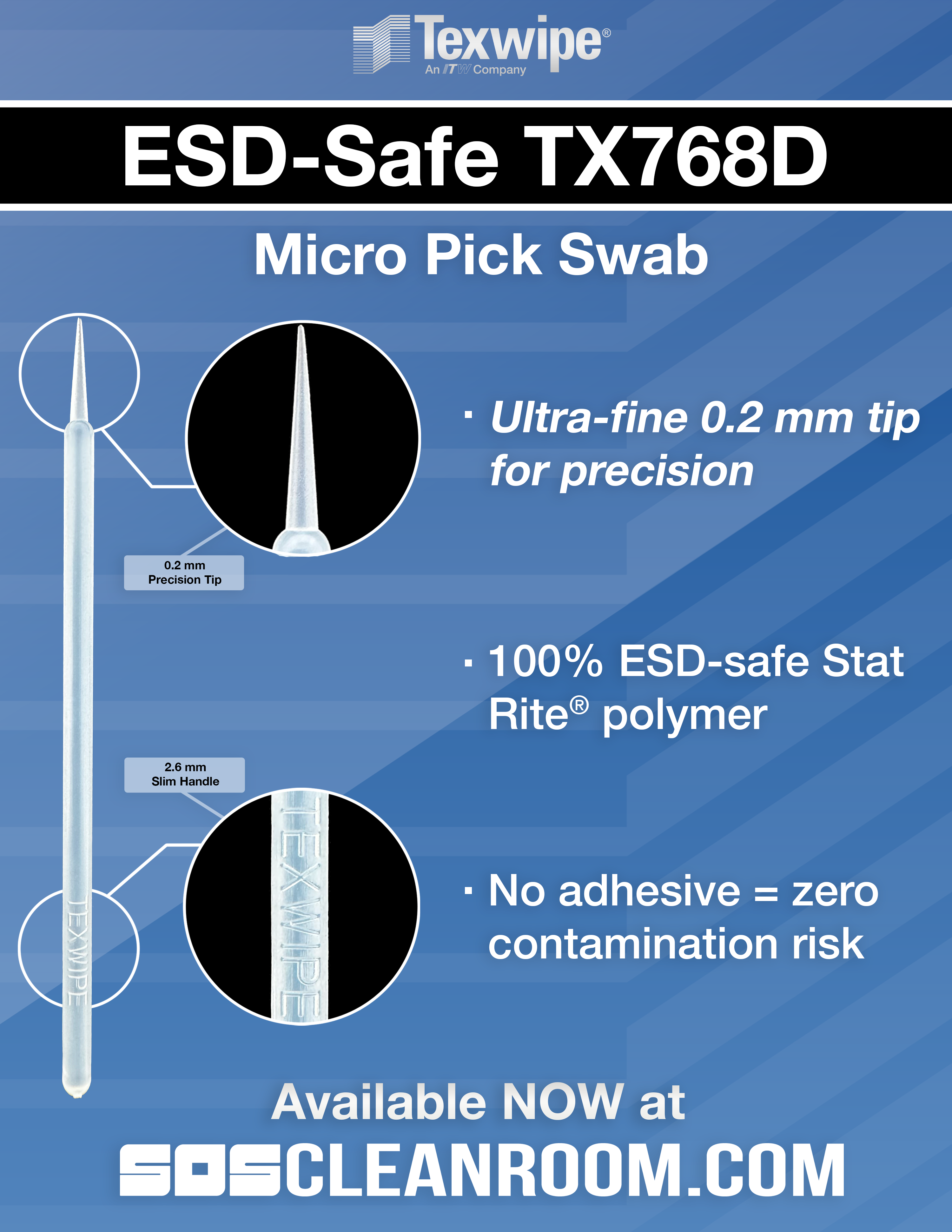 Texwipe TX768D ESD-Safe Micro Pick Swab 0.2mm