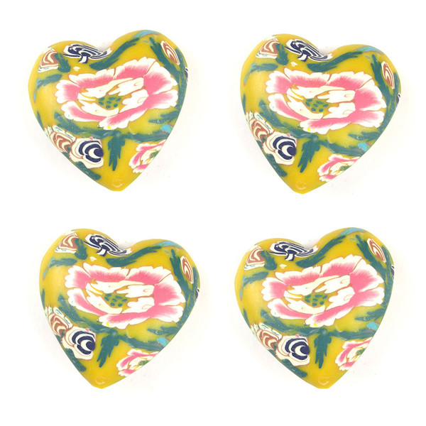 4 x Floral heart 5cm polymer clay beads