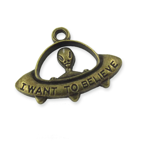 2 x I want to believe alien charms, antique bronze