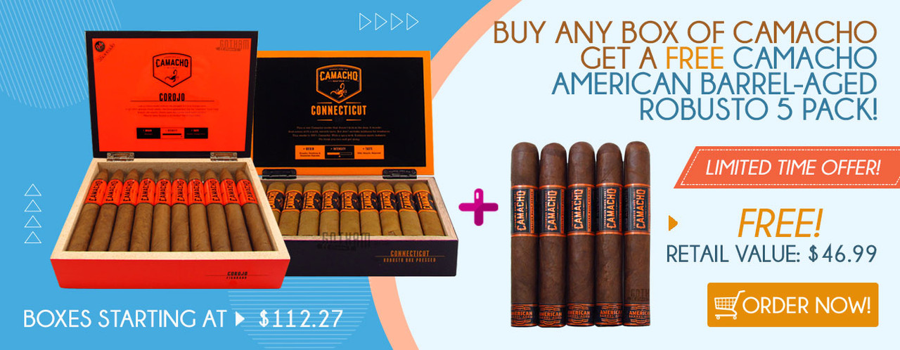 Buy any box of Camacho get a FREE Camacho American Barrel-Aged Robusto 5 Pack!