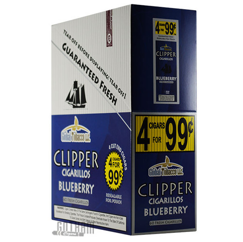 Clipper Cigarillos Foil Pack Blueberry 4 for $0.99 upright & foilpack