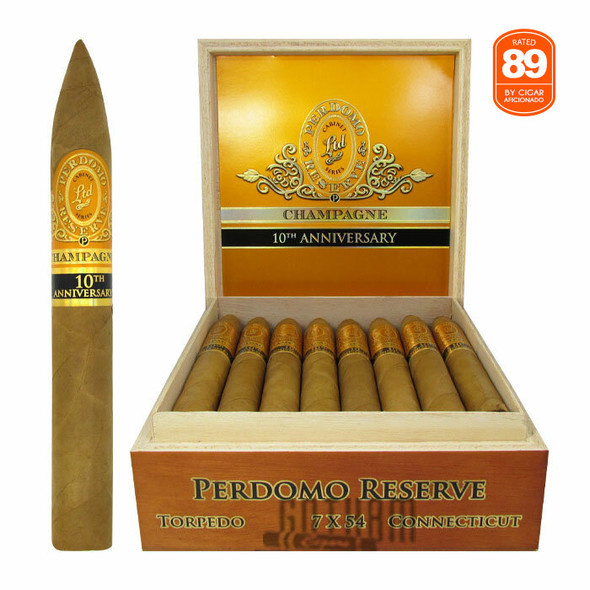 Perdomo Reserve Champagne 10th Anniversary Torpedo open box and stick