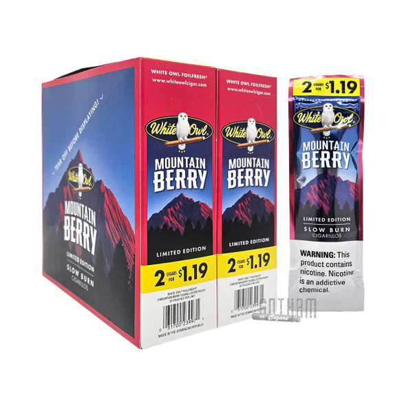 White Owl Cigarillos Mountain Berry Box with a single Pouch