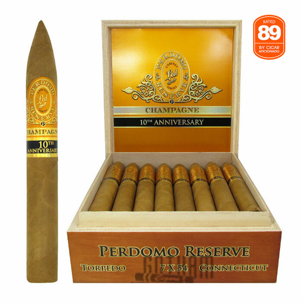 Perdomo Reserve Champagne 10th Anniversary Torpedo open box and stick