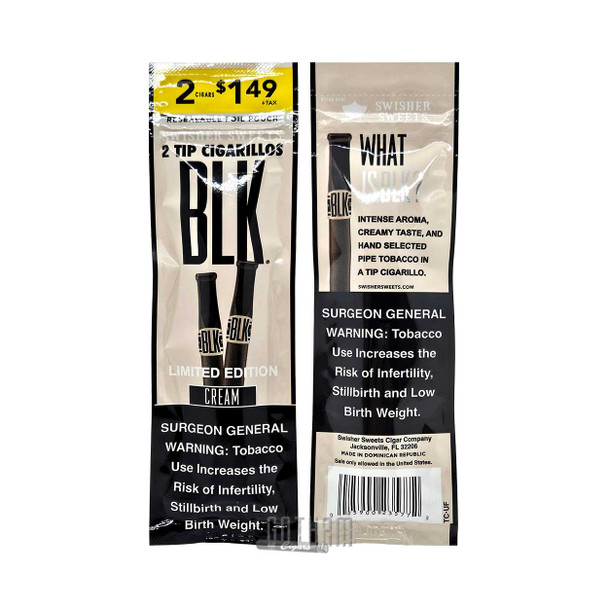Swisher Sweets BLK Tip Cigarillos Cream Single Pouch front and back