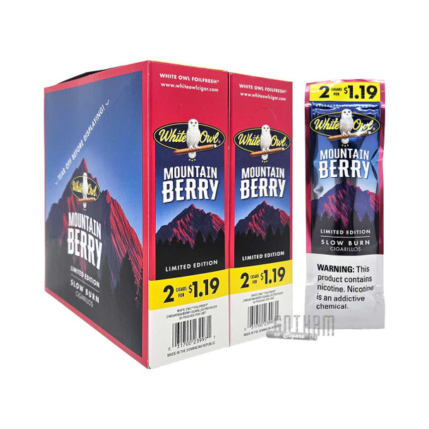 White Owl Cigarillos Mountain Berry Box with a single Pouch