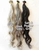 Q Indian k- tips Medium Grey, Light Grey, Salt and Pepper natural body wave and color