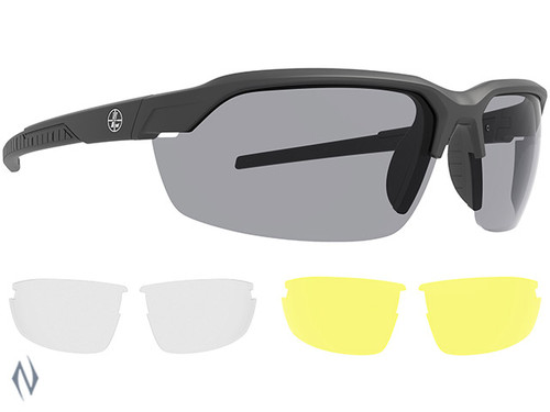 LEUPOLD SUNGLASSES TRACER MATTE BLACK SHADOW GREY INC YELLOW & CLEAR LENSES