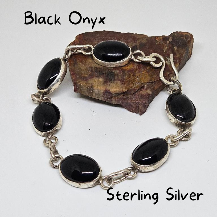 Black Onyx and sterling silver link and cup bracelet