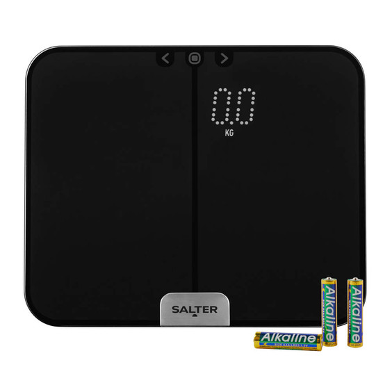 Black Salter digital bathroom scale with LCD display and three AA batteries