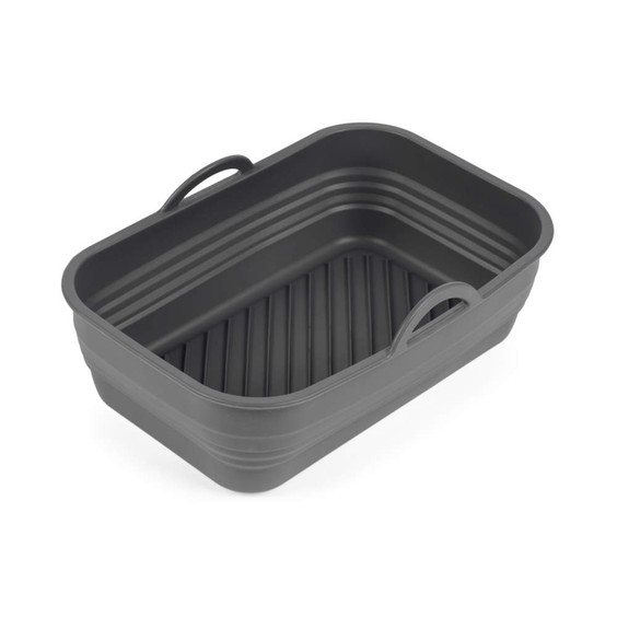 Grey plastic roasting tray with raised diagonal lines, shown from above