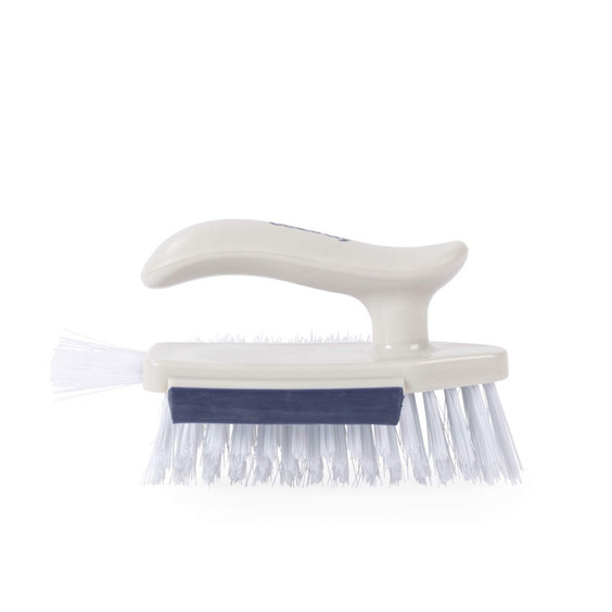 White handheld scrubbing brush with stiff bristles and ergonomic handle