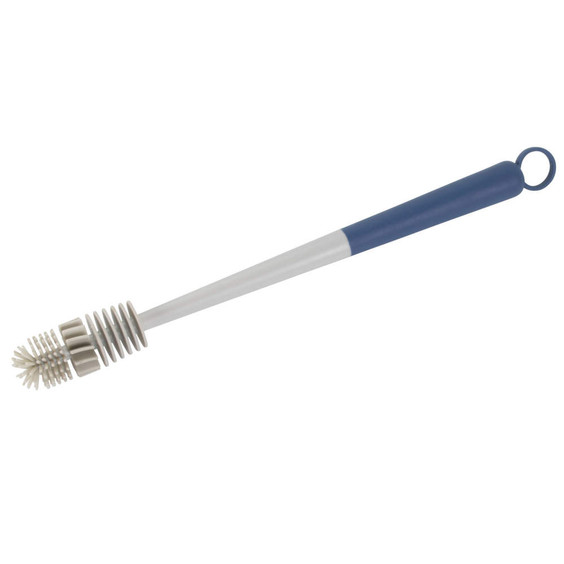 Flexible bottle cleaning brush with blue handle and white bristles