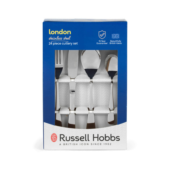 24 piece stainless steel cutlery set in blue Russell Hobbs London packaging