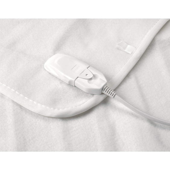 White heated mattress protector corner with attached control switch