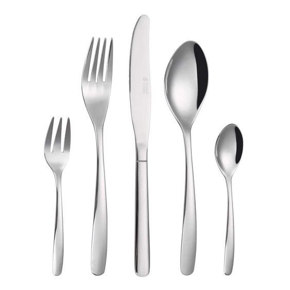 Set of five stainless steel cutlery pieces, including knife, forks and spoons, shown on white.