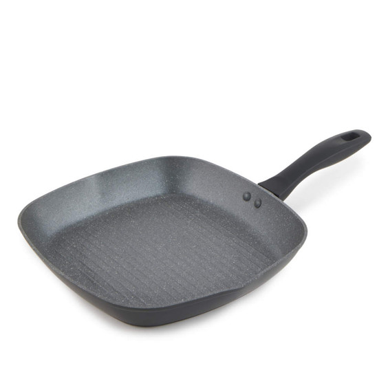 Square grey non-stick grill pan with black handle, shown at an angle