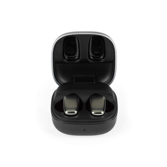 Black wireless earbuds in charging case, shown open, product listing