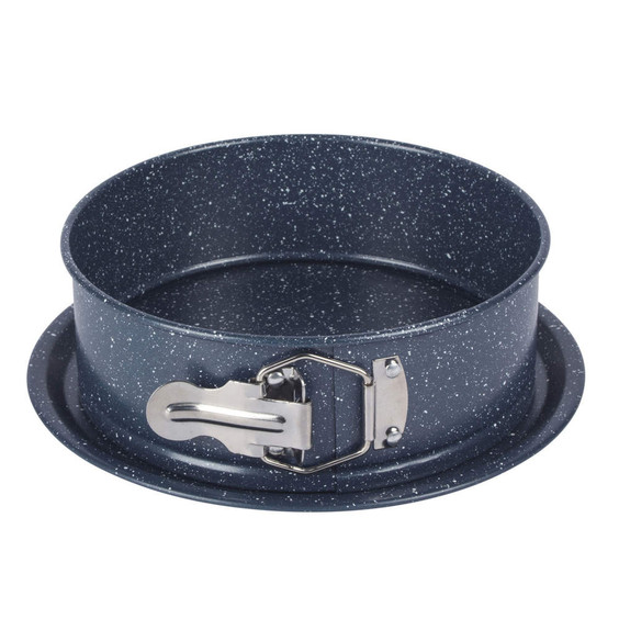 Non-stick dark blue speckled springform cake tin with latch, shown empty.