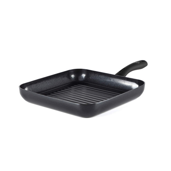 Black non-stick square grill pan with handle, shown from side angle