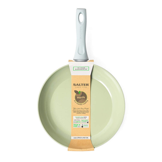 Green 28cm Salter frying pan with eco-friendly ceramic coating, shown in retail packaging