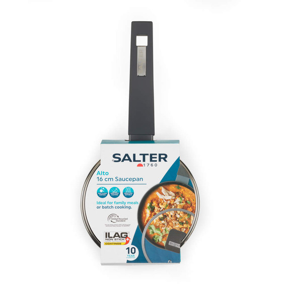 Salter Alto 16cm non-stick grey saucepan in packaging, top-down product image