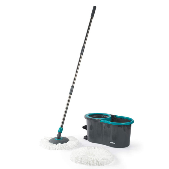 Spin mop and bucket set with two white microfibre mop heads, dark grey with teal trim.