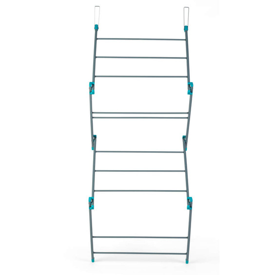 Foldable grey clothes airer with turquoise joints, shown upright