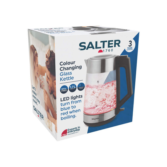 Salter colour changing glass kettle retail box showing LED feature and 1.7L capacity