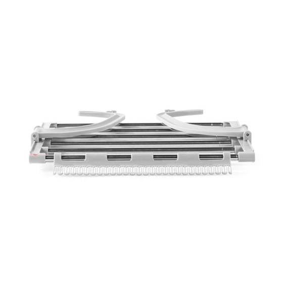 Grey metal pasta cutter attachment shown front view