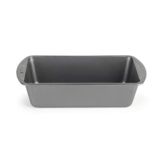 Grey non-stick loaf tin, viewed from above, suitable for baking bread or cakes