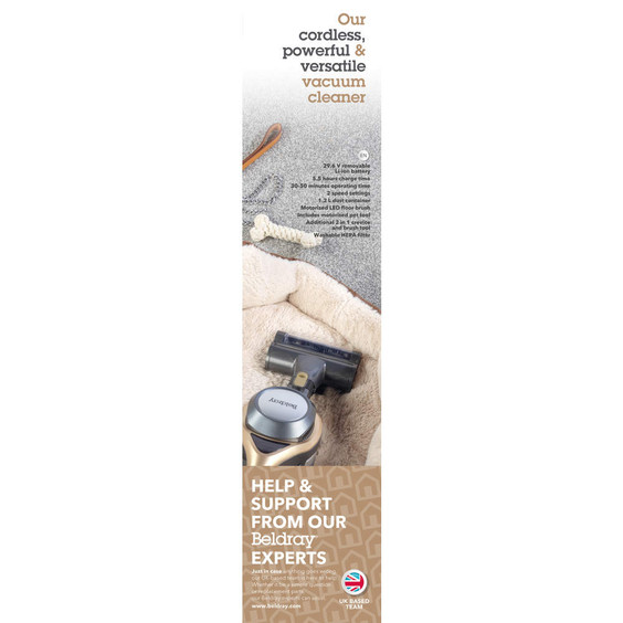 Cordless grey vacuum cleaner with pet tool on carpet, Beldray UK support banner