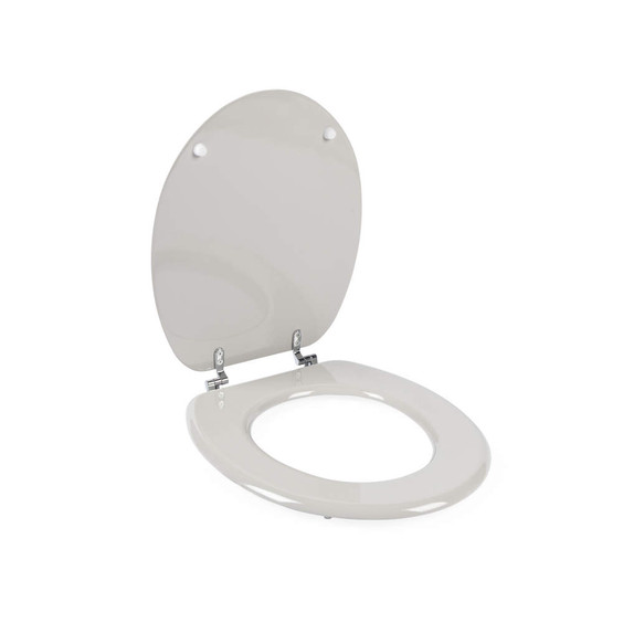 Grey toilet seat and lid, open, shown from a front-side angle.