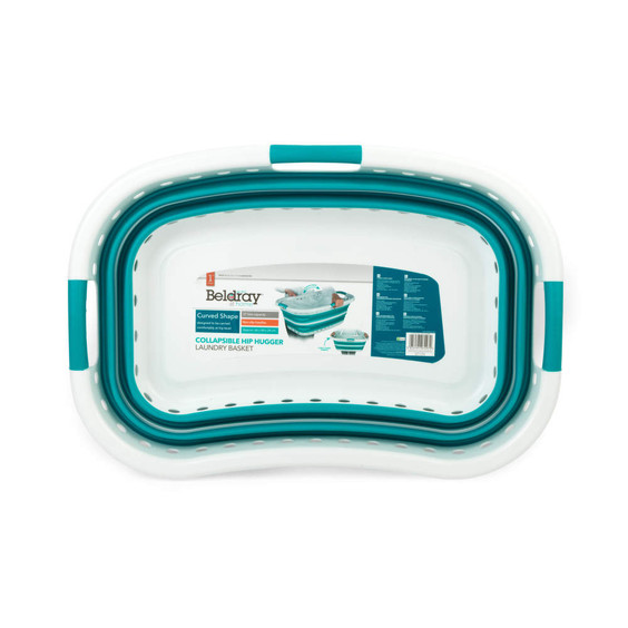 Teal and white collapsible hip hugger laundry basket in packaging