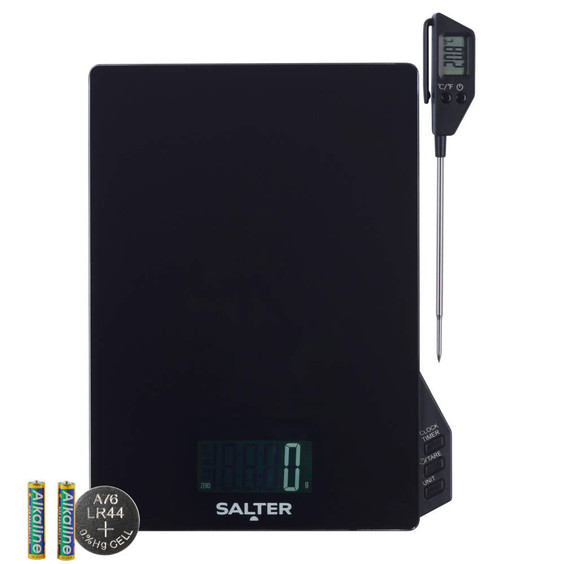 Black digital kitchen scale with thermometer probe and batteries included.