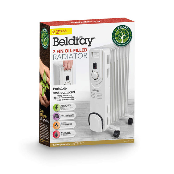 Boxed Beldray 7-fin white oil-filled radiator, portable, adjustable thermostat
