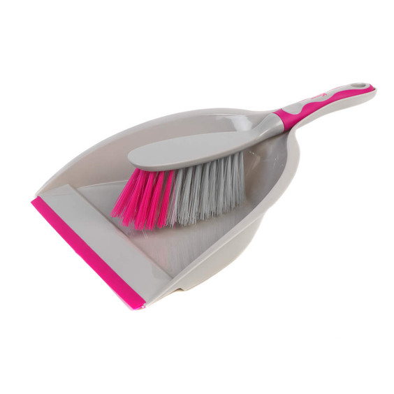 Pink and grey dustpan and brush set for sweeping, shown together on white background.
