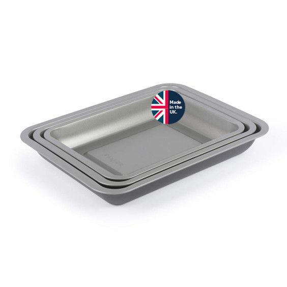 Set of three grey non-stick roasting trays, nested, with 'Made in the UK' badge
