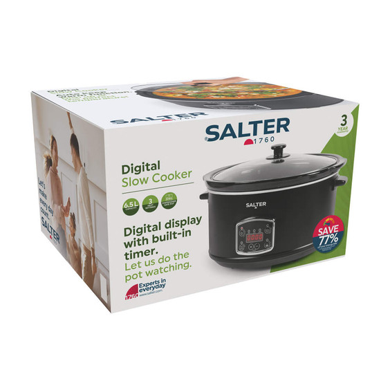 Black digital slow cooker with display and timer, 6.5L capacity, shown on retail packaging