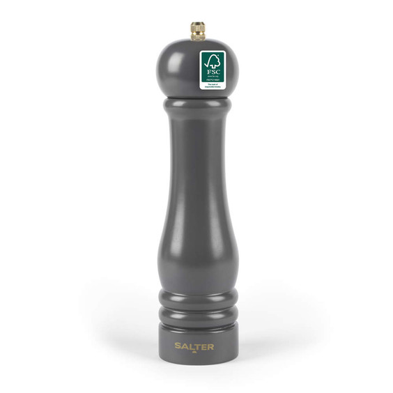 Grey wooden pepper mill with FSC logo, upright, Salter branding in gold