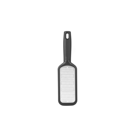Black handheld grater with rectangular stainless steel blade, shown on white background